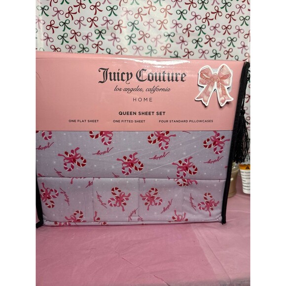 Juicy Couture Pink Bow and Candy Cane Sheet Set, Queen - Picture 1 of 6